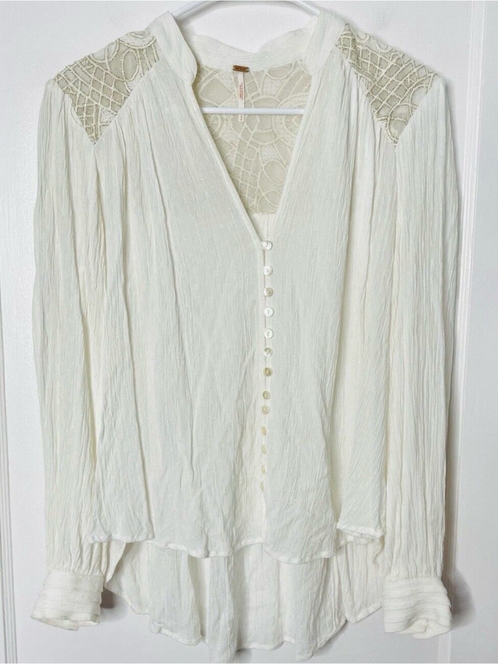 Free People Cream Button-Front Lace Shoulder Blouse
